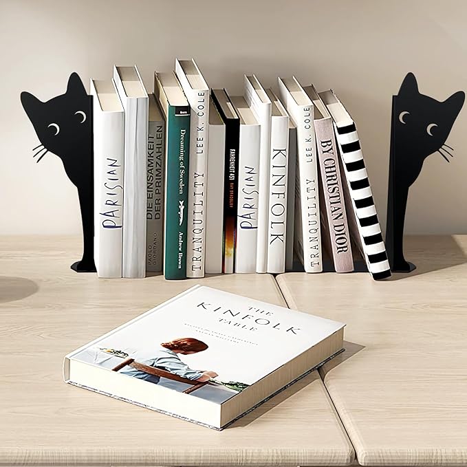 Peeping Cat Bookends,Metal Book Ends for Heavy Books for Shelves Decorative,Bookshelf Decor Home Office Desk for Cat Lover Gifts (Black Cat)