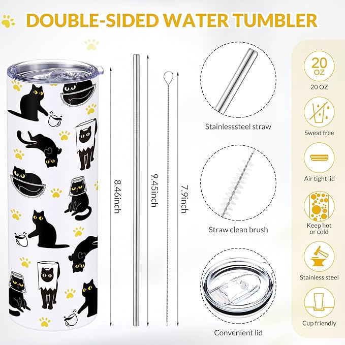 Funnymoom 2 Pack Black Cat Gifts Set for Women 20 oz Skinny Tumbler with Lid Straw Travel Coffee Mug Novelty Cute Animals Socks Mother Day Birthday Party Gifts for Cat Lover