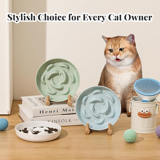 Melamine Cat Slow Feeder Bowl - Pastel Series Cat Plate for Dry and Wet Food - Cute Maze Feeder Dish for Healthy Eating - Dishwasher Safe - 6.3''W x 1.2''H - 7 OZ - Pale Blue