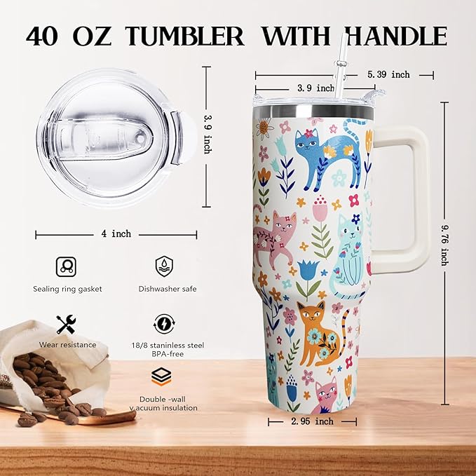 Ceovfoi 40 Oz Cat Tumbler With Handle, Coffee Travel Mug Cup Water Bottle, Cat Decor, Gifts for Women