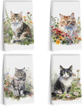 4 Pcs Watercolor Cat Kitchen Towels, Pastoral Flower Decorative Absorbent Microfiber Dish Cloth Tea Towel,cats Waffle Soft Hand Towels for Farmhouse Home Bathroom Kitchen Decor, Cat Lover Gifts