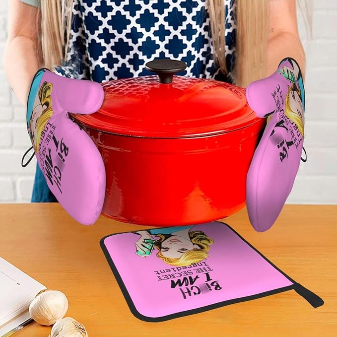 Funny Oven Mitts and Pot Holders Sets, Cute Pink Heat Resistant Oven Gloves and Hot Pads for Baking Cooking Grilling BBQ, Funny Kitchen Baking Gifts for Baker Chef Women