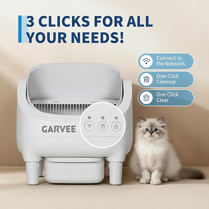 Garvee Open-Top Automatic Cat Litter Box with APP Control, Odor-Free Waste Disposal Includes Trash Bags, 10.5L Large Waste Bin, Self Cleaning Litter Box for Multiple Cats, White