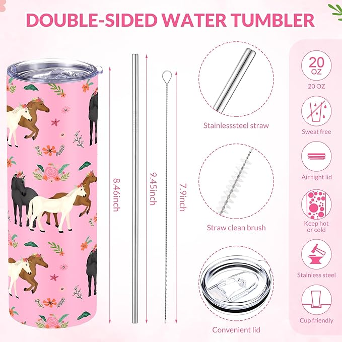 Funnymoom 2 Pack Horse Gifts Set Skinny Tumbler 20 oz Travel Coffee Mug Novelty Cute Animals Socks, Christmas Birthday Party Gifts for Horse Themed