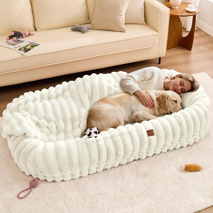 ChiXnuggle Human Dog Bed for Adult - Luxury Striped Faux Fur Giant Dog Bed with Portable Handle, Egg Orthopedic Foam Pad with Thick Blanket, 72"x40"x10", Cream