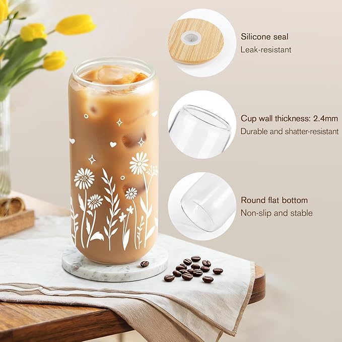 Joeyan Glass Cups with Lids and Straws - 20oz Daisy Iced Coffee Cup, Cute Floral Glass Tumbler for Smoothie Boba Tea, Boho Flower Drinking Glasses, Birthday Mothers Day Gift for Women, Mom, Friend