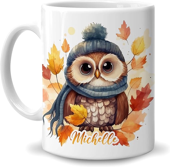 Hyturtle Personalized Fall Owl Maple Leaves Coffee Mug - Birthday Gifts For Owl Lovers - Fall Autumn Decor Gifts For Farmhouse Thanksgiving - Custom Name 11oz White Ceramic Coffee Tea Mug