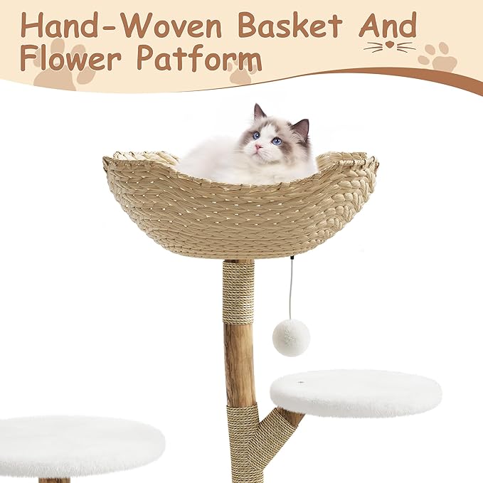 46-Inch Luxury Wooden Cat Tree Tower for Large Cats – Modern Real Branch Cat Condo with Spacious Basket, Sturdy Scratching Posts & Hanging Poms – Deluxe Indoor Cat Furniture