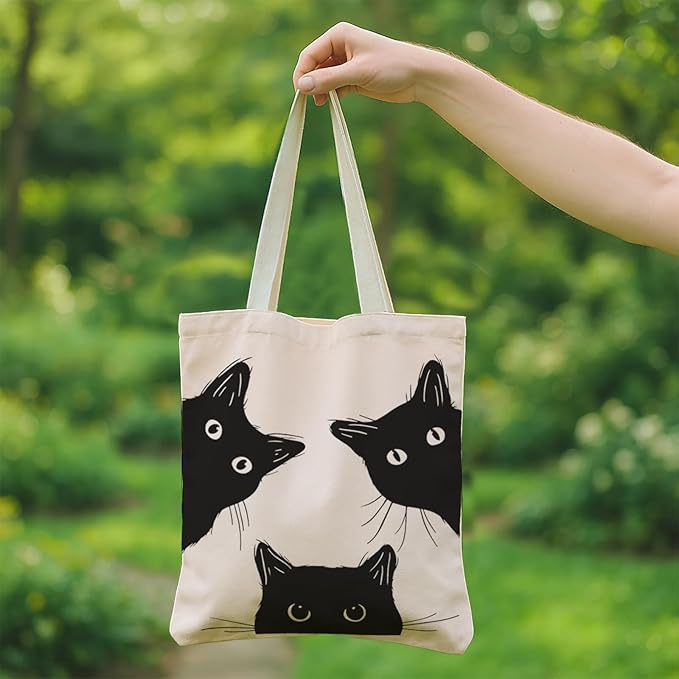 Cat Tote Bag Canvas Cute Black Cat Aesthetic Bag Canvas Bag for Women Cat Lover Gift for Women