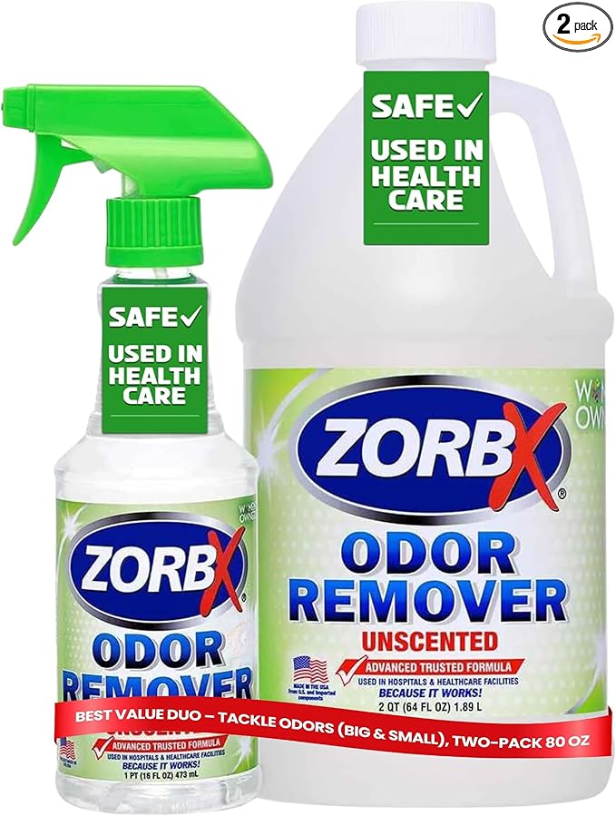 ZORBX Unscented Odor Eliminator for Strong Odor 16 Oz + 64 Oz - Used in Hospitals & Healthcare Facilities - Advanced Trusted Formula, Fast-Acting Odor Remover Spray for Dog, Cat, House & Carpet