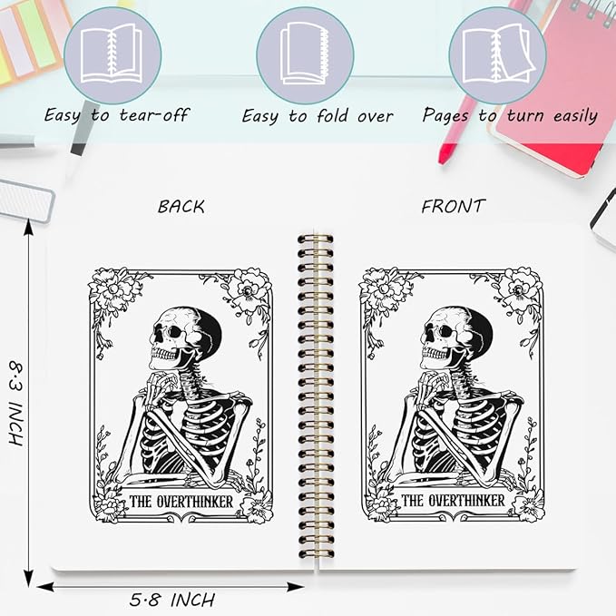 2 Pcs the Overthinker Goth Tarot Spiral Notebook Skull Gothic Tarot Cards Journaling Notebooks Gifts for Women Teacher Friend Teens College Ruled Notebook Journal, Classroom Office Supplies