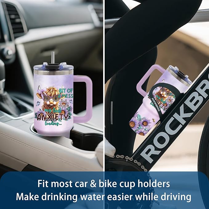 Highland Cow Gifts - Yak Tumbler 40oz with Handle and Straws, Leak-proof, Stainless Steel Insulated Coffee Mugs for Western Farm Lovers Cups, Purple Highland Cows Drinking Water Bottle