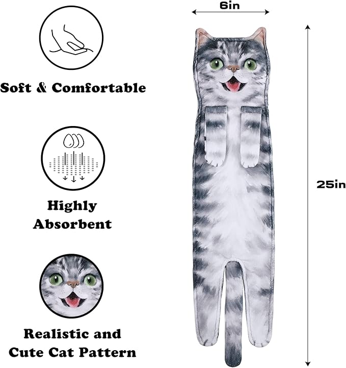 Funny Hand Towels for Bathroom Kitchen Decor - Cute Cat Hanging Hand Towel Kitchen Gadgets - Unique Housewarming Birthday Christmas Cat Lover Gift Ideas for Women Mom Lady Adults