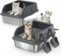 2 Pack Small Stainless Steel Litter Box with Lid for Kitten, Metal Cat Litter Boxes High Sided Enclosed for Injured Cats and Rabbit, Anti-Urine Leakage | Non-Stick Bottom & Includes Scoop