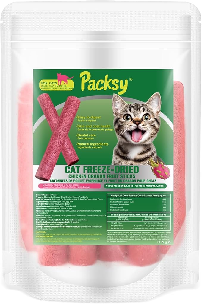 50g/1.75oz Freeze-Dried Chicken&Dragon Fruit Cat Treats,Grain-Free,High-Protein Snack Sticks for Picky Cats,Delicious&Nutritious Healthy Treats