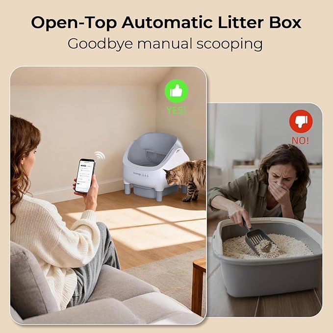Automatic Cat Litter Box for Multiple Cats, App Control, Open-Top Automatic Litter Box Self Cleaning, Safety Sensors 10.5L Waste Bin with Odor Control, 2 Rolls of Liners