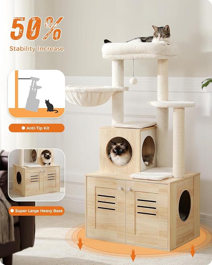 MUTTROS Cat Tree with Litter Box Enclosure, 50" Modern Cat Tree for Large/Fat Cats with Cat Condo, Wooden Cat Furniture with Large Hammock and Top Perch, Beige