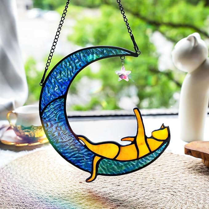 BOXCASA Handcrafted Orange Cat Moon Stained Glass for Cat Lovers,Crystal Prism Suncatchers for Windows Hanging, Mother's Day for Women, Wife, Mom