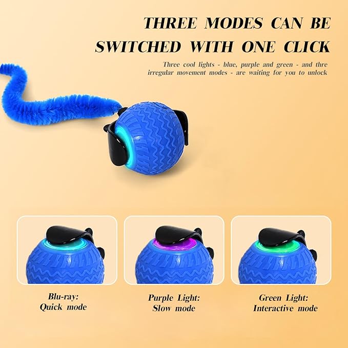 Interactive Cat Toy Ball with Tail - Automatic Motion Activated Rolling Cat Toys for Indoor Cats, Rechargeable Smart Enrichment Toy to Keep Kittens & Adult Cats Busy (Blue)