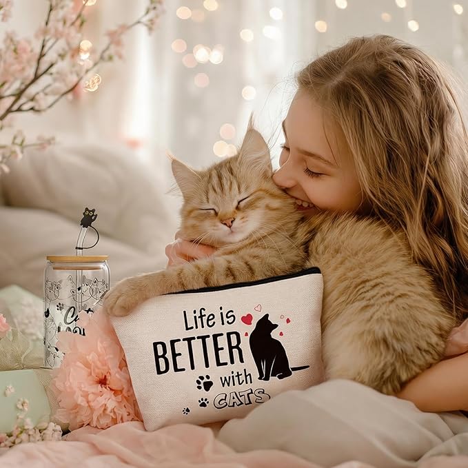 Cat Mom Gifts for Women,Black Cat Themed Gift Set with Glass,Canvas Tote Bag,Makeup Bag,Keychain,Bracelet and Magnetic Bookmarks,Unique Cat Lover Gift Box for Mother’s Day