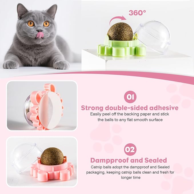 360° 4 Pack Catnip Ball for Cats Wall Mounted with Licking Roller and Spinning Motion - Interactive Treat Toy for Indoor Cats, Promotes Teeth Cleaning, Anxiety Relief and Active Play