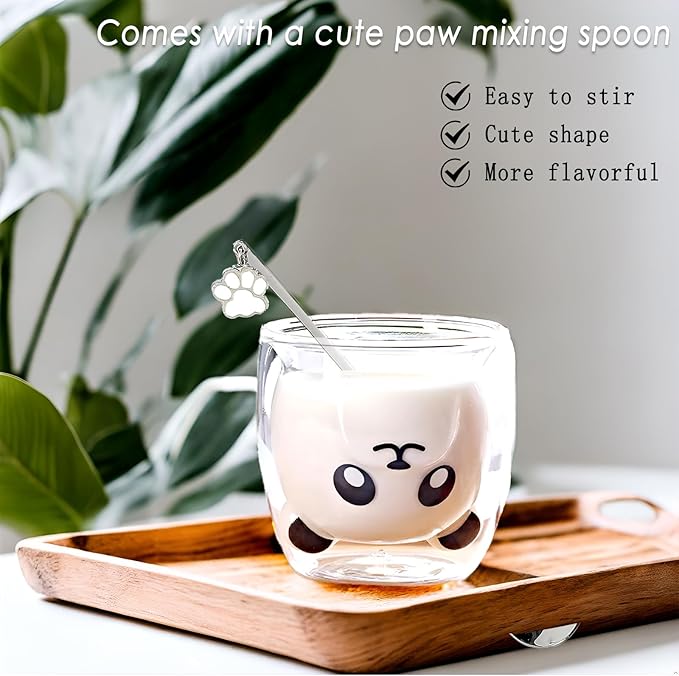 Binoster Panda Mug Cute Mugs Glass Double Wall Insulated Glass Espresso Cup, Kawaii Mug, Coffee Cup, Tea Cup, Milk Cup, Birthday Christmas Gifts(Panda)
