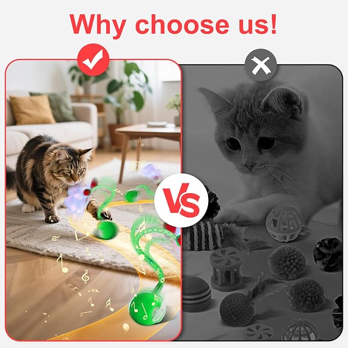 Interactive Cat Toys for Indoor Cats, Speedy 2.0 Cat Toy with Elastic Mesh Tail, Automatic Cat Toy for Bored Indoor Adult Cats, Rechargeable Smart Kitten Moving Ball Toys (Green)