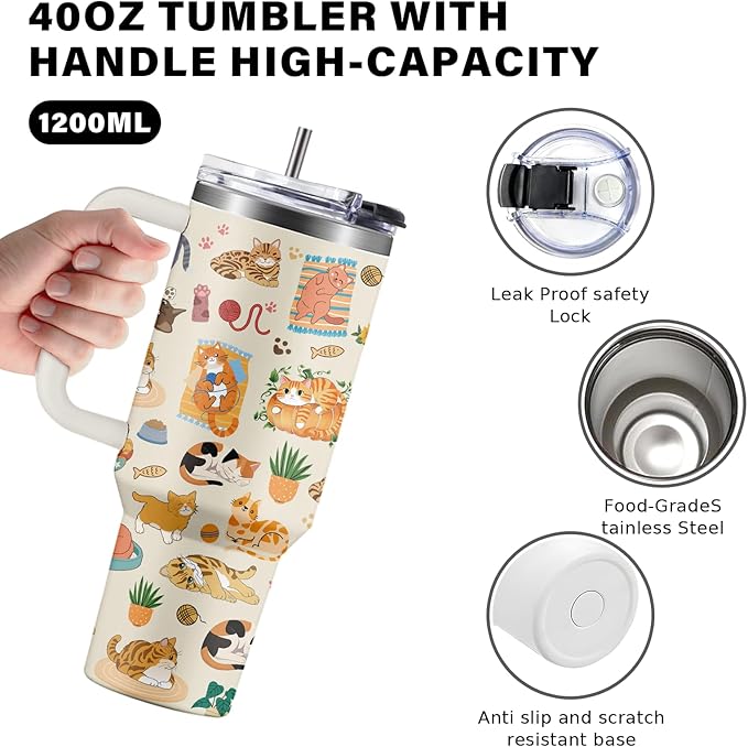 Orange Cat Tumbler 40oz with Handle - Funny Cat Lady Gifts for Women, Insulated Travel Coffee Mug, Cute Kitty Cup for Cats Lovers Mom, Christmas Birthday Present