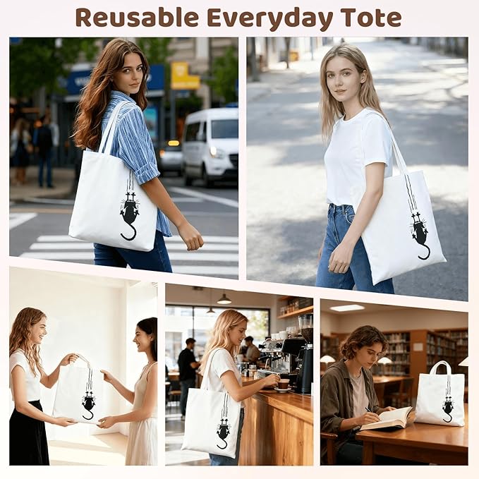 Yivona Canvas Tote Bag for Women, 100% Cotton Cat Tote for Shopping, Travel, School, Gift for Girls, Book Lover, Birthday