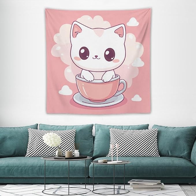 MaSiledy Tapestry Kawaii Cat Tapestries for Bedroom Pink Smile Kitten Cat Face Meow Wall Tapestries for Bedroom Colorful Wall Hanging Aesthetic Wall Art For Room Decor Landscape 60"x60"
