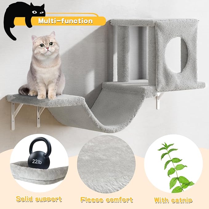 6-in-1 Cat Wall Shelves, Wall Mounted Cat Climber with Condo House, Scratching Post, Bridge Ladder, Space-Saving Indoor Play Furniture for Kittens, Grey