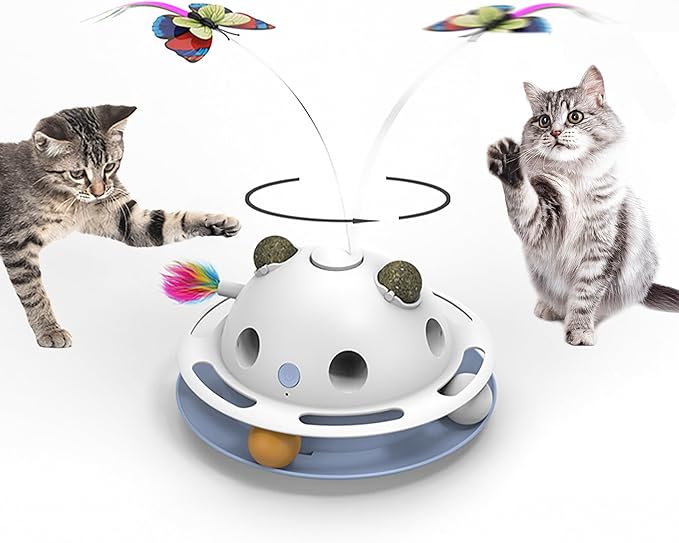 PAWSPIK Feather Frenzy 4-in-1 Interactive Cat Toy – Butterfly, Feather, Catnip Ball & Track Ball Play – Motion Activated, USB or Battery Powered – White