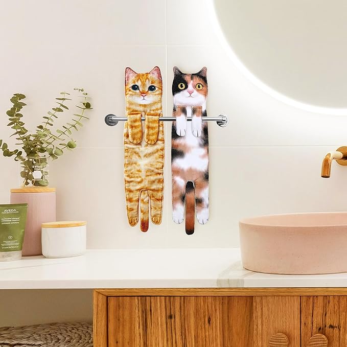 Funny Hand Towels for Bathroom Kitchen Decor - Cute Cat Hanging Hand Towel Kitchen Gadgets - Unique Housewarming Birthday Christmas Cat Lover Gift Ideas for Women Mom Lady Adults