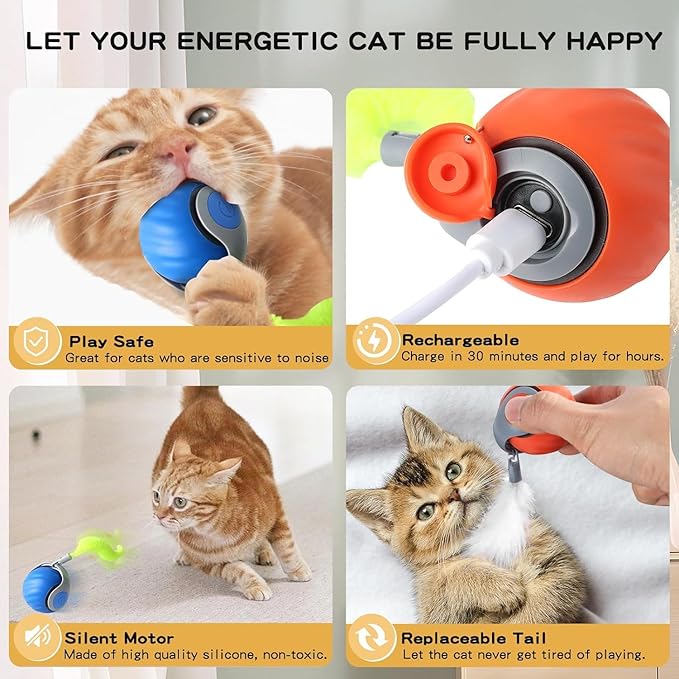 5PCS Interactive Cat Toy Automatic Moving Smart Toy Ball with Replacement Tail for Indoor Bored Cats/Dogs, Sensor Teasing Ball Self-Rolling Pet Chase, Speedy Cat Toys for Pets Exercise (Blue)