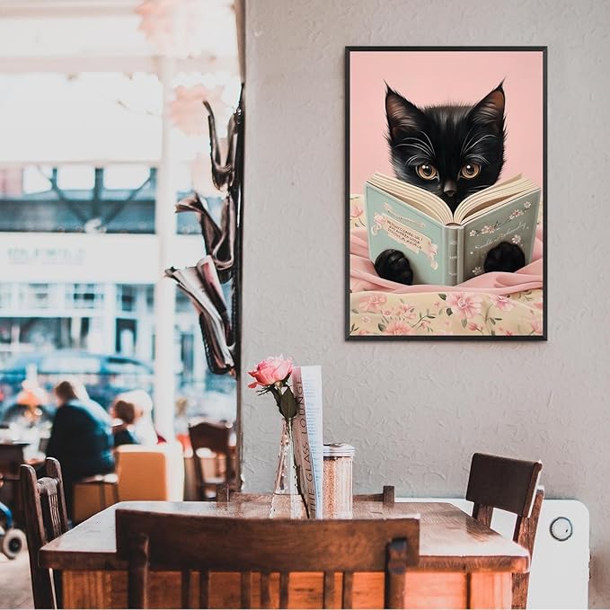 Vintage Cat Canvas Wall Art Funny Cute Cats Reading Books Poster Retro Pink Flower Abstract Animal Aesthetic Prints Painting For Girls Room Bedroom Kids Room Dorm Wall Decor 24x36in Framed