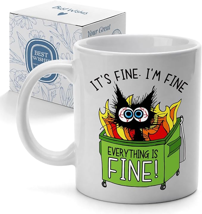 Its Fine Everything is Fine Ceramic Coffee Mug for Women 11 oz, Funny Cats Coffee Mugs for Cat Lovers, Birthday Christmas Gifts for Cat Mom Coworkers Work Bestie