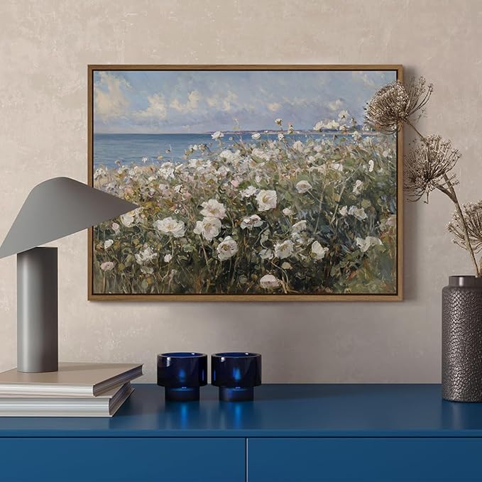 Framed Landscape Wall Art Blue Ocean Theme White Flower Pictures Wall Decor Abstract Floral Painting Prints Modern Seascape Artwork for Living Room Bedroom Bathroom Home Office Decoration, 12''x16''