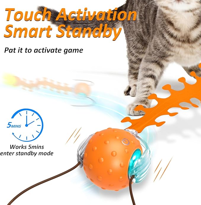 Interactive Cat Toy with Centipede Tail,Fast Rolling Ball, Rechargeable Toys for Bored Indoor Adult Cats, Touch Activated/Rechargeable/Bird Chirping Squeaky
