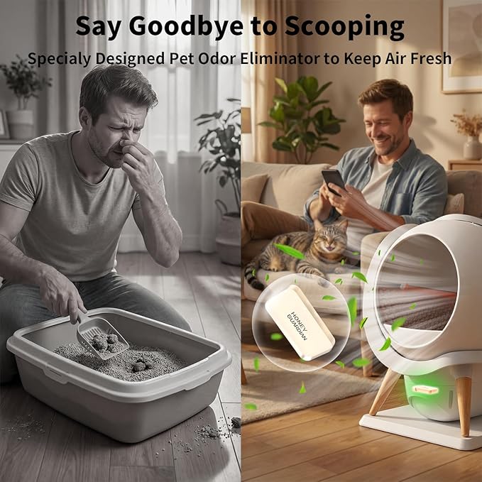 HoneyGuaridan Self Cleaning Cat Litter Box,IPX5 Waterproof Automatic Cat Litter Box,5G WiFi App Control, Odourless, Integrated Safety Protection, Water Rinsable and Easy to Clean, for Multiple Cats