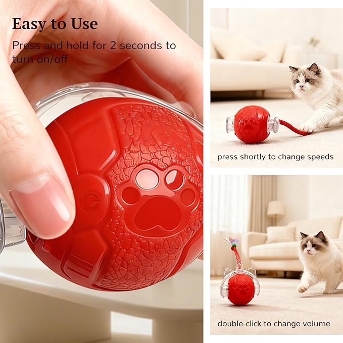 Interactive Cat Toy for Indoor Cats, Automatic Cat Ball Toy with Smart Obstacle Avoidance, 5 Sounds, 2 Tails, Rechargeable Moving Cat Toy for Bored Cats (Red)