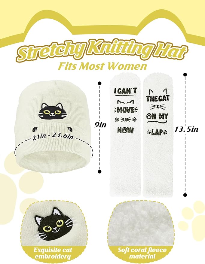 Cat Beanie and Funny Socks for Women - Cute Warm Gifts for Cat Lovers