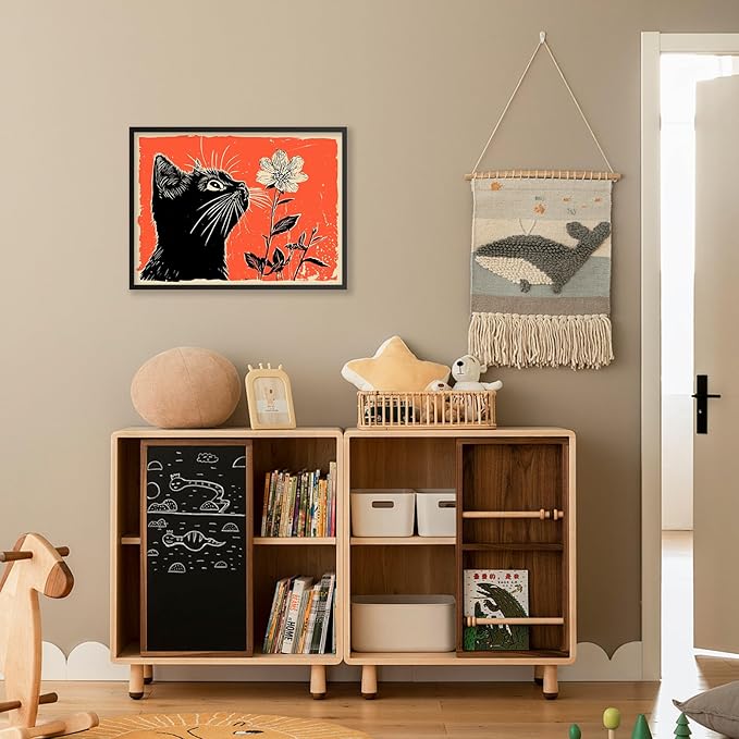 Black Cat Posters Vintage Animal Botanical Wall Art Cute Cat Sniffing Flower Canvas Painting Gift For Cat Lover 24x36 inch Black Framed Living Room Gallery Wall Decor