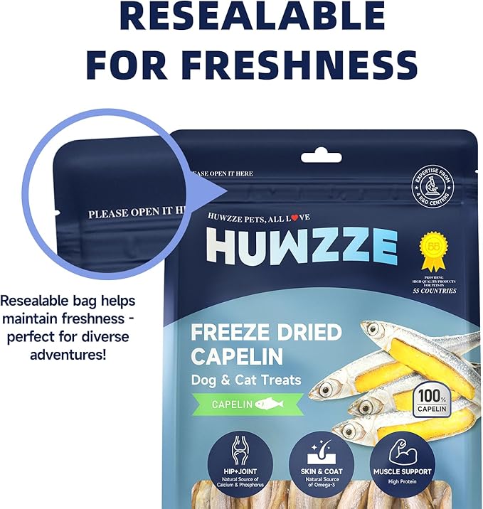 Freeze Dried Capelin Treats for Dogs & Cats, Single Ingredient Pet Fish Snacks, High Protein, Rich in Omega-3 for Skin Coat Health, Grain Free, 4.94 oz
