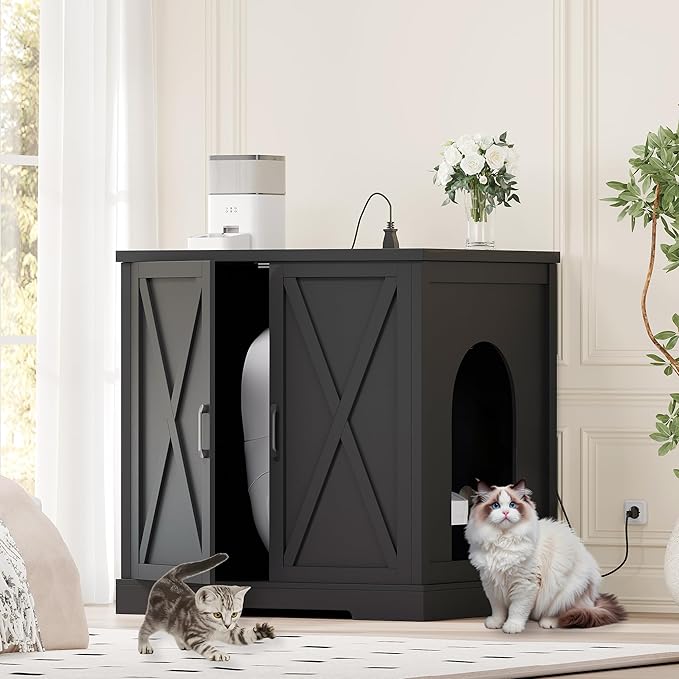 Heybly 34.5" Litter Box Enclosure,Large Robot Cabinet with Charging Station,Wooden Cat Litter Box Enclosure Furniture for Self-Cleaning Robot 3 & 4,Hidden for Smart Litter Box Size, Black HCLB004BK
