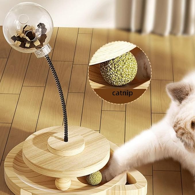 Cat Toy Treat Ball Treat Dispenser Toy, with Catnip,Roller Track Interactive Cats Toys Indoor Kitten, Cat Food Toy Solid Wood Feeder Ball (for Smaller cat Food)