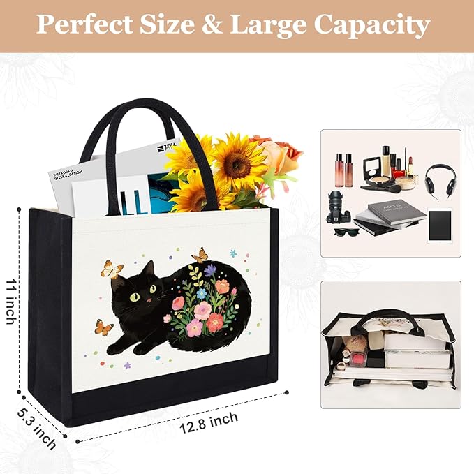 GevGuxLuo Canvas Tote Bag for Women, Cute Cat Gifts for Black Cat Lovers, Animal Lover Gift Aesthetic Cats Beach Bag Reusable Grocery Bag, Birthday Christmas Gift for Daughter Friends Sisters Bestie