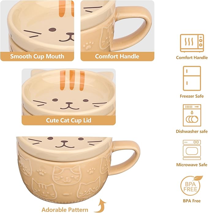 Cute Ceramic Cat Coffee Mug with Lid,Kawaii Coffee Mugs or Tea Cups for Cat Lovers,Funny Novelty Breakfast Mugs for Women Wife Mum Girls Boys Friends Kids Christmas Birthday Gift,300ML（Yellow）