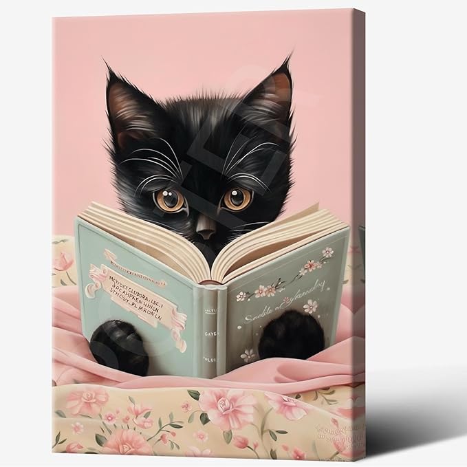 Vintage Cat Canvas Wall Art Funny Cute Cats Reading Books Poster Retro Pink Flower Abstract Animal Aesthetic Prints Painting For Girls Room Bedroom Kids Room Dorm Wall Decor 8x12in Framed