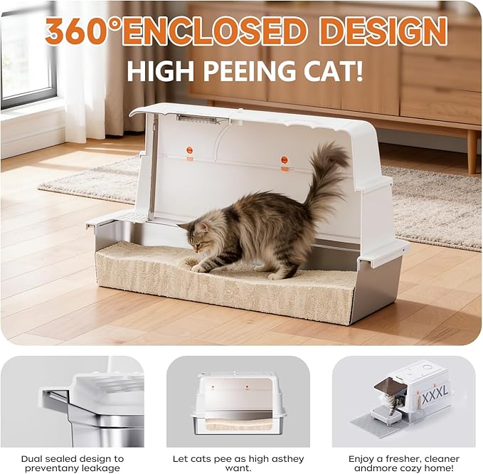 Stainless Steel Litter Box with Lid, 28" Extra Large Cat Litter Pan, Enclosed Metal Litter Box with Litter Scoop & Filter Pedal, Anti-Leakage, Odor Free, Non-Sticky, Anti-Leakage, Easy Cleaning