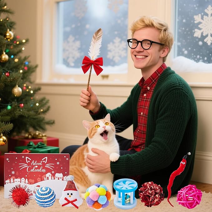 Christmas Cat Toy Advent Calendar 2025, 24 Days Xmas Cat Toys Countdown Calendar Gift Set for Cat Lovers with Mice Ball Bells Feather Teaser
